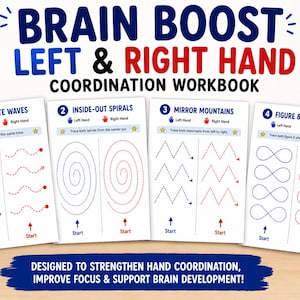 以下が含まれることがあります： 左手と右手の協調運動を鍛えるBrain Boostワークブック。Opposite Waves、Inside-Out Spirals、Mirror Mountains、Figure 8 Challengeといったなぞり書き練習ができる4枚のプリント用ワークシートが含まれており、4歳以上のお子様向けに設計されています。