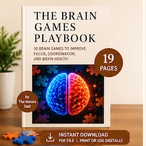 Puede incluir: Un libro titulado "The Brain Games Playbook" con texto sobre la mejora del enfoque y la coordinación. La portada presenta una ilustración de cerebro brillante en azul y naranja, con un fondo de rompecabezas. Un círculo marrón indica 19 páginas.