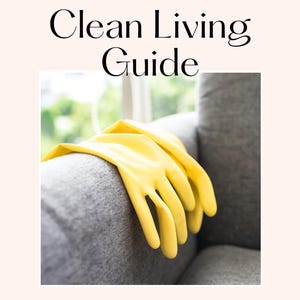 Op de afbeelding: Een paar felgele rubberen handschoenen liggen op een grijze, gestoffeerde bank. De afbeelding is van "The Natura Dad" en bevat de tekst "Clean Living Guide". De achtergrond is een zachte, neutrale kleur.