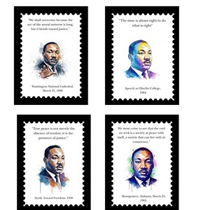 May include: Four posters commemorating Dr. Martin Luther King Jr. Day. Each poster displays a portrait of Dr. King and a quote. The posters are framed with a black border and include the location and date of the quote.