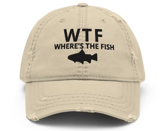 WTF: Where's The Fish ricamato Distressed Dad Hat Cappellino da baseball da uomo Pescatore Regali Pescatore Buona Cattura