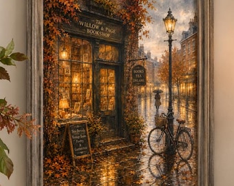 Autumn Bookshop Wall Art, Cozy Fall Street Print, Dark Academia Decor, Book Lover Gift, Rainy October Art, Cozy Reading Nook Decor