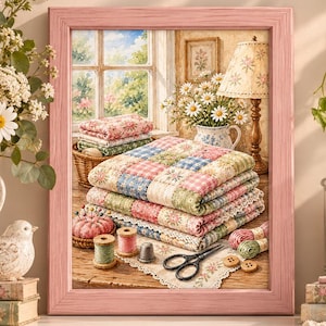 Patchwork Quilt Art Print, Cottagecore Wall Art, Quilting Room Decor, Vintage Sewing Room Poster, Farmhouse Textile Art, Cozy Country Decor