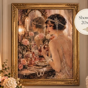 May include: A framed wall art print depicting a person at a vanity table with a mirror, perfume bottles, and flowers. The person wears a beaded headpiece and pearl necklaces. The print includes the text Shown in 20x24 inches in the upper right corner.
