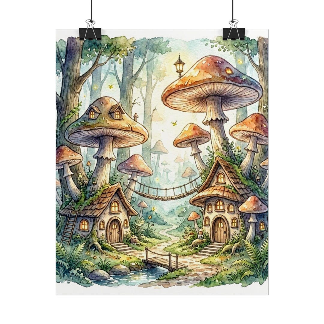 Whimsical Mushroom House Art Print - Enchanted Forest Fairy Village ...