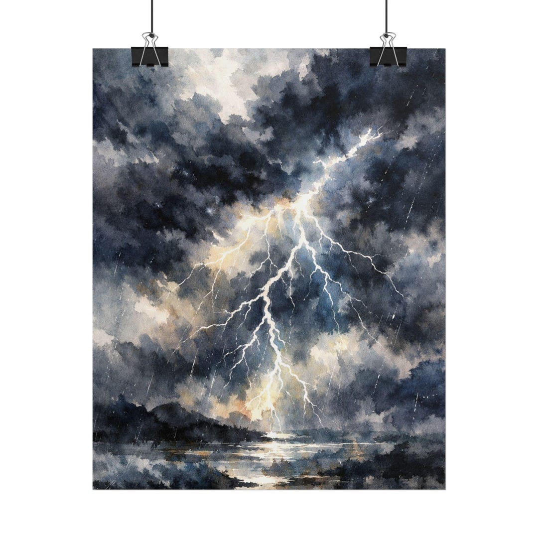 Lightning Storm Watercolor-style Poster - Dramatic Night Sky Wall Art ...