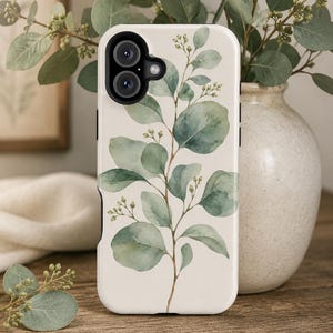 Watercolor-Style Eucalyptus Phone Case, Minimalist Botanical iPhone Case, Neutral Sage Green Samsung Case, Modern Nature Phone Cover Gift