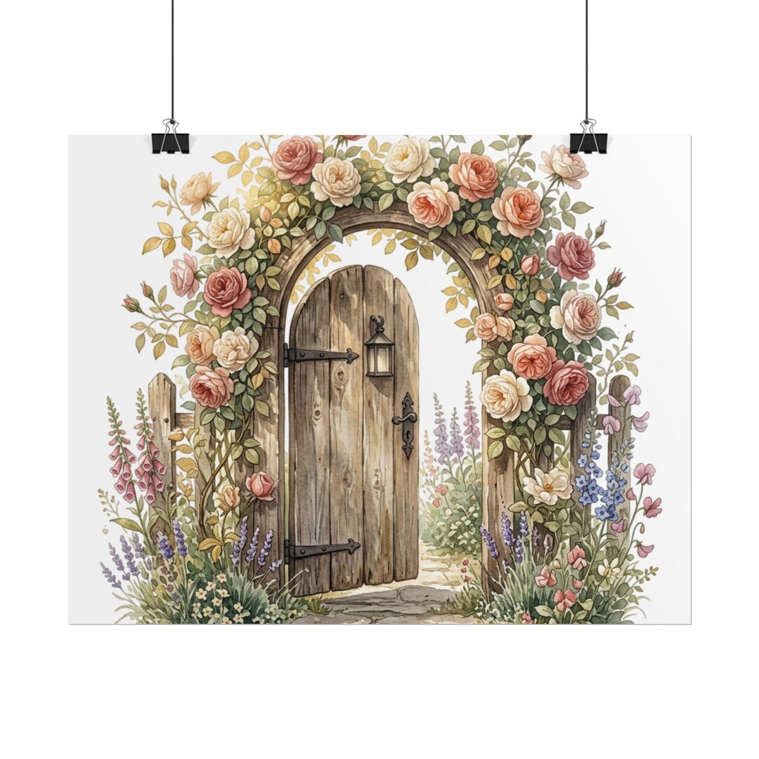Cottage Garden Gate Wall Art | Watercolor Floral Arch Print | Secret ...