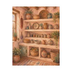 May include: A watercolour painting of a rustic pantry, featuring shelves laden with pottery, baskets, plants, and jars. The colour scheme is warm, earthy tones, with blue and green accents. A window and rug are also visible.