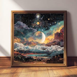 以下が含まれることがあります： 大きな月、雲、星空が描かれた、天国の風景を描いた額入りのアートプリント。 アートワークは、オレンジと黄色のような暖色と、より冷たい青と緑が対照的です。 フレームは温かみのある茶色です。