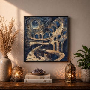 May include: A framed print of a celestial library with winding staircases and arched doorways. The artwork uses a dark blue and gold colour palette, with intricate details of stars and celestial bodies. The print is displayed on a wooden surface with decorative items.