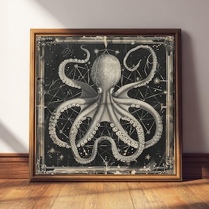 May include: A framed print featuring a detailed illustration of an octopus in shades of gray and white against a black background. The artwork has a vintage aesthetic, with a geometric pattern and star-like elements. The frame is made of wood.