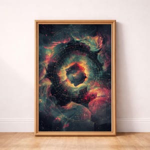 May include: A framed print displaying a colourful depiction of a nebula. The artwork features a central circular design with detailed grid lines, surrounded by swirling clouds of red, orange, and teal tones. The wooden frame adds a classic touch to the space-themed art.