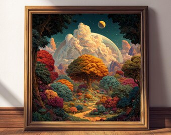 Celestial Forest Art Print – Mystical Rainbow Landscape, Fantasy Wall Art