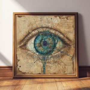 May include: A framed print featuring a detailed illustration of a human eye. The eye is rendered in shades of blue and brown, with intricate line work suggesting a network of connections. The artwork has a vintage, scientific aesthetic.