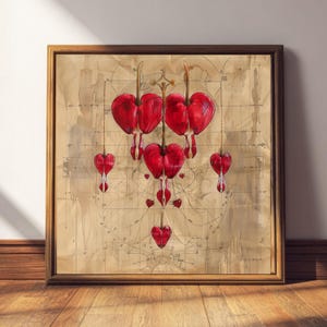 May include: A framed print featuring a watercolor illustration of red bleeding heart flowers. The artwork is set against a vintage map background with a brown wooden frame. The flowers are the focal point, with their heart-shaped petals and delicate stems.