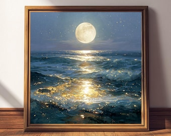 Mond Ozean Portal — Celestial Ocean Wall Art Print | Mond Mond Mond Gemälde | Manifestation Dekor | traumhafte blau gold Wandkunst