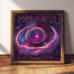 May include: A framed print featuring a vibrant, abstract depiction of a cosmic nebula. The artwork showcases a central, circular design with concentric rings in shades of purple, blue, and pink, set against a dark background. The print is encased in a wooden frame.