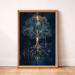 May include: A framed art print featuring a stylized tree design. The artwork showcases a tree with golden branches and roots against a dark blue background. The design incorporates geometric patterns and lines, creating a modern, artistic aesthetic.