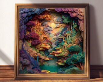 May include: A framed artwork showing a fantasy landscape created with layered paper cutouts. The scene includes colourful trees, waterfalls, and castles under a bright sun. The artwork is in a dark wood frame and rests on a wooden floor.