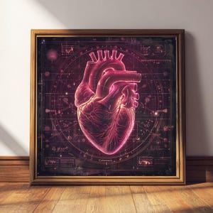 May include: Framed print featuring a detailed, glowing pink illustration of a human heart. The heart is centered against a dark background with geometric and musical notation elements. The word "Heart" is visible.
