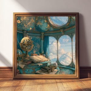 May include: A framed wall art print depicting a teal and gold observatory room with an armillary sphere, stacks of old books, and an open manuscript on a desk. Large arched windows reveal a view of white clouds against a bright blue sky.