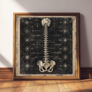 Op de afbeelding: Een ingelijste print met een gedetailleerde illustratie van een menselijke wervelkolom, weergegeven in een vintage stijl. Het kunstwerk toont de structuur van de wervelkolom tegen een donkere achtergrond met wetenschappelijke diagrammen en een rasterpatroon. De lijst is van hout.