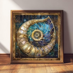 May include: Square framed art print featuring a nautilus shell design with a celestial theme. The shell is rendered in shades of blue, gold, and cream, with a spiral center. The background depicts a starry night sky with gold accents.