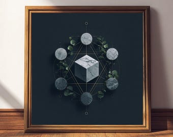 Cube & Moon Phases Art Print | Minimalist Sacred Geometry Poster