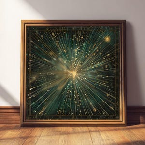 May include: Square framed art print featuring a celestial design. The artwork has a dark green background with a central burst of golden light and radiating lines. The frame is made of dark brown wood.