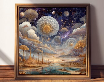 Kosmische paardebloem droomlandschap Art Print — Celestial Wish Garden muurkunst, surrealistisch Stardust-landschap