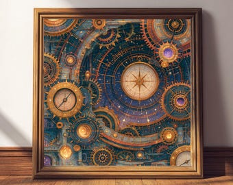 Alchemical Clockwork Compass Print | Celestial Gearwork Art | Sacred Geometry Mechanics | Astrological Navigation Poster | Steampunk Decor