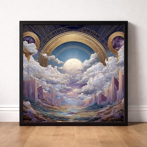 以下が含まれることがあります： 額縁に入った、天国の風景を描いたアートプリント。 大きく明るい太陽、ふわふわの雲、紫と金のアクセントのある谷が特徴です。 フレームは黒です。