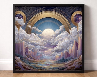 May include: A framed art print depicting a celestial landscape. The artwork features a large, bright sun, fluffy clouds, and a valley with purple and gold accents. The frame is black.