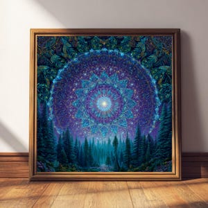 May include: Square framed art print with a mandala design in blue and purple hues, set against a starry night sky and a forest scene. The artwork is presented in a wooden frame.
