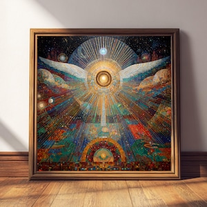 May include: A framed artwork with a celestial theme. The artwork features a central sunburst design with radiating lines, wings, and a mosaic of colors including gold, blue, and red. The frame is a dark wood. The artwork is displayed on a wooden floor.