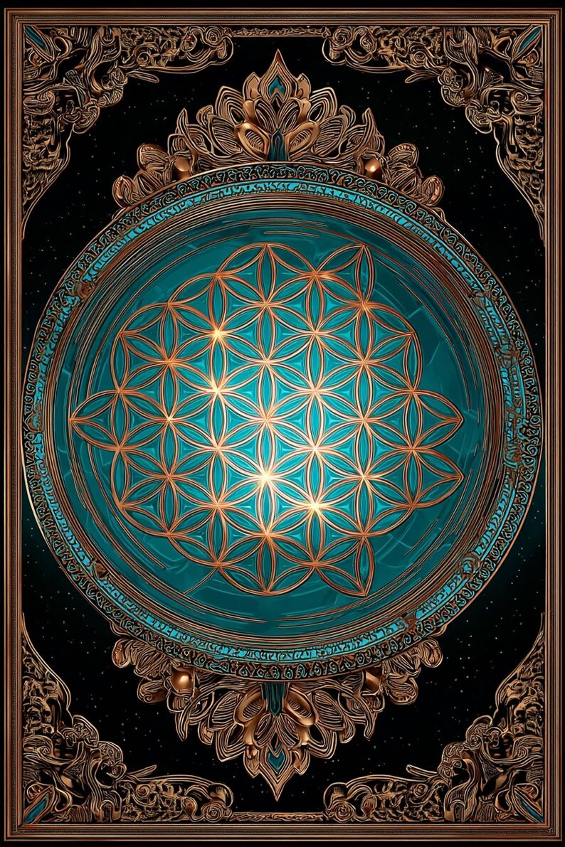 Flower of Life Wall Art Print, Teal Sacred Geometry Decor, Copper Blue ...