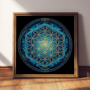 May include: Square framed artwork featuring a detailed, symmetrical design. The artwork showcases a central flower-like pattern in gold, surrounded by a blue and teal background with a starry effect. The frame is a warm brown color, adding to the artwork's aesthetic.