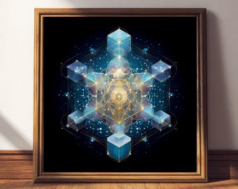 May include: A framed print featuring a geometric design with interconnected cubes and lines in shades of blue, gold, and white against a black background. The artwork is displayed in a wooden frame, creating a striking visual contrast.