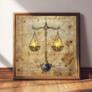 May include: A framed print featuring a detailed illustration of a balance scale, with glowing orbs in the pans. The background is a vintage map design with intricate lines and symbols. The frame is a warm brown color.