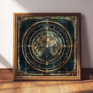 May include: Square framed print featuring a detailed, golden celestial map design on a dark blue background. The artwork showcases intricate gears, lines, and circular patterns, creating a complex and visually appealing piece. The frame is a warm brown color.