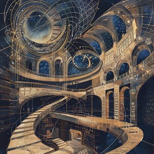 May include: An artistic depiction of a celestial library, with architectural features such as arches, staircases, and balconies. The artwork uses gold, beige, and deep blue, with a starry night sky visible through the arched windows. The design incorporates intricate lines and geometric patterns.