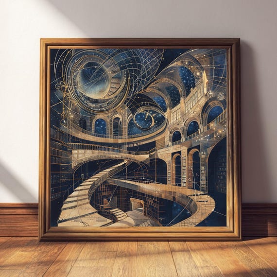 Library Sacred Geometry Print | Infinite Archive Cosmic Blueprint, Knowledge Anatomy Poster, Alchemical Information Flow Art,