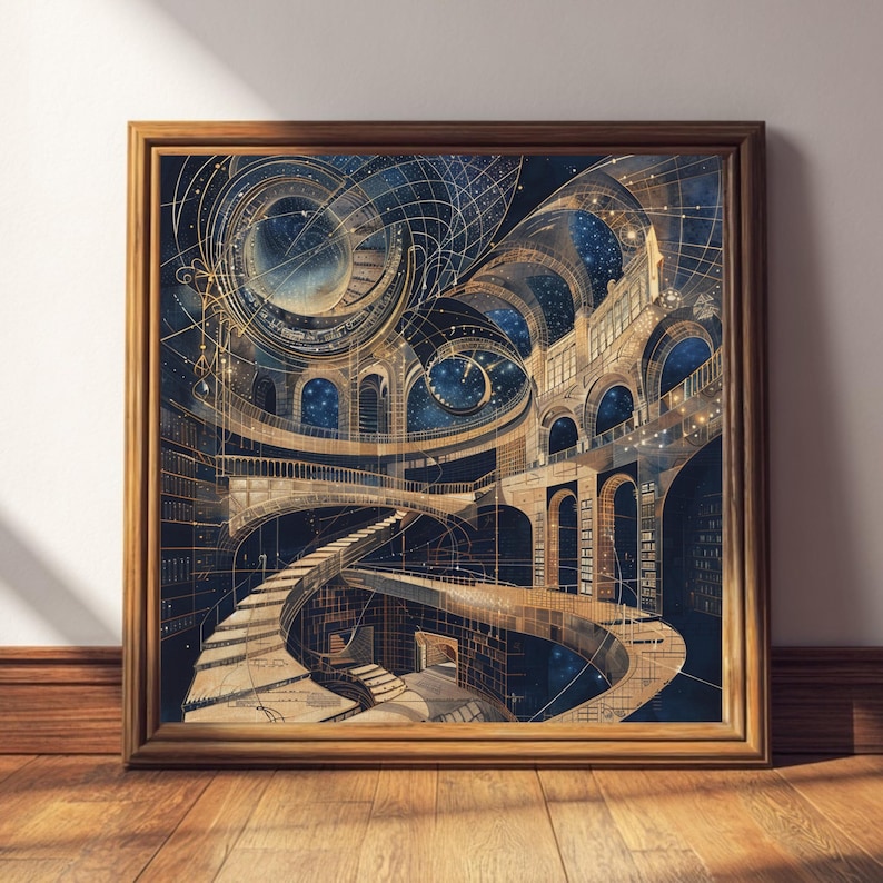 May include: A framed print showing a celestial library with winding staircases and arched doorways. The artwork uses deep blues, golds, and browns, with intricate lines suggesting constellations and celestial bodies. The print is encased in a wooden frame.