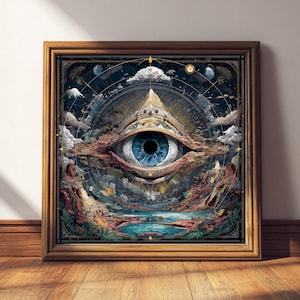 May include: A framed artwork featuring a detailed illustration of an eye with a blue iris, set against a backdrop of clouds, mountains, and celestial elements. The artwork is framed in a brown wooden frame and rests on a wooden floor.