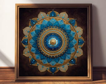 Blå och guld halschakra mandala konsttryck – Helig geometri dekor
