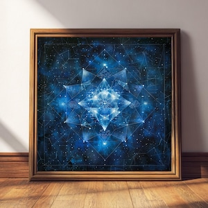 May include: Square framed art print featuring a celestial design in shades of blue and white. The artwork depicts a geometric star pattern with interconnected lines and dots, set against a dark blue, starry background. The frame is made of brown wood.