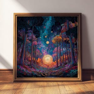 May include: A framed art print of a fantastical forest scene, with tall trees and colourful foliage in purple, orange, and pink. A glowing orb is at the centre, with a starry sky above. The frame is a warm brown. The artwork is a vibrant, dreamlike image.