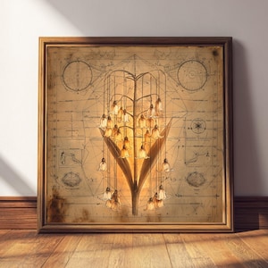 May include: A framed print featuring a stylized floral design with bell-shaped blossoms. The artwork is set against a vintage-style blueprint background with geometric shapes and lines. The frame is a warm brown color.