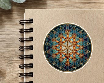 Flower of Life Sacred Geometry Sticker — Mystic Blue and Gold Energy Art (3x3” & 4x4”)
